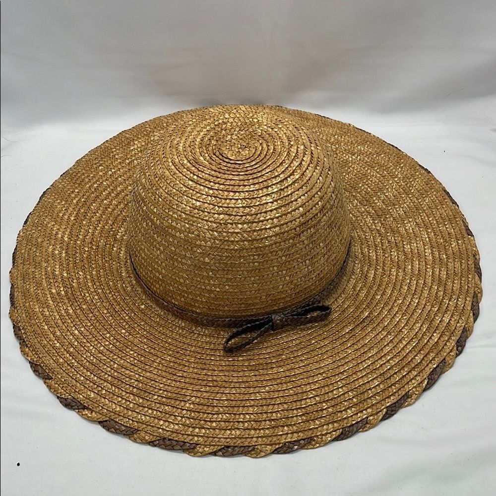 Brown and Black Scala Wide Brim Straw Hat with Bow